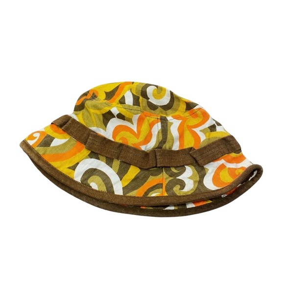 Vintage Accessories - Vintage Retro Groovy Bucket Hat Hair Accessory Yellow Brown White 1960's 60's